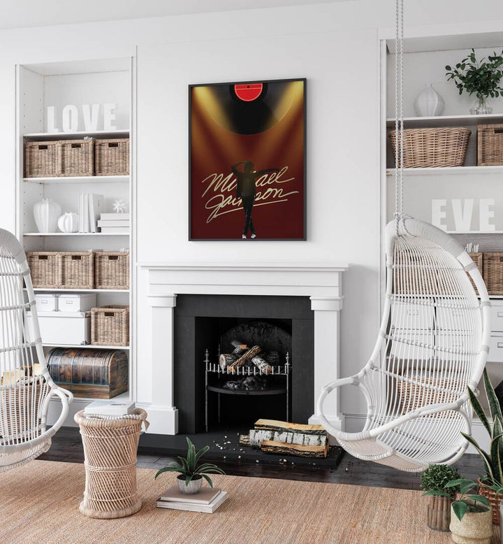 Michael Jackson By Grishma Korjani Movie & Music Posters in Black Plain Frame placed on a White Colored Wall near a Fire Place in the Living Room