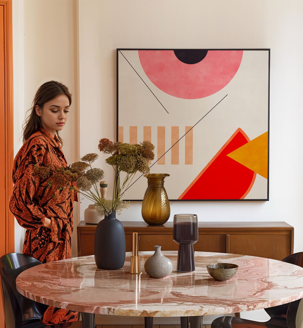 Mid Bauhaus Geometry II By Ana Rut Bre Abstract Art Abstract Paintings in Black Plain Frame placed on a Cream Colored Wall near a Dining Table in the Dining Room 