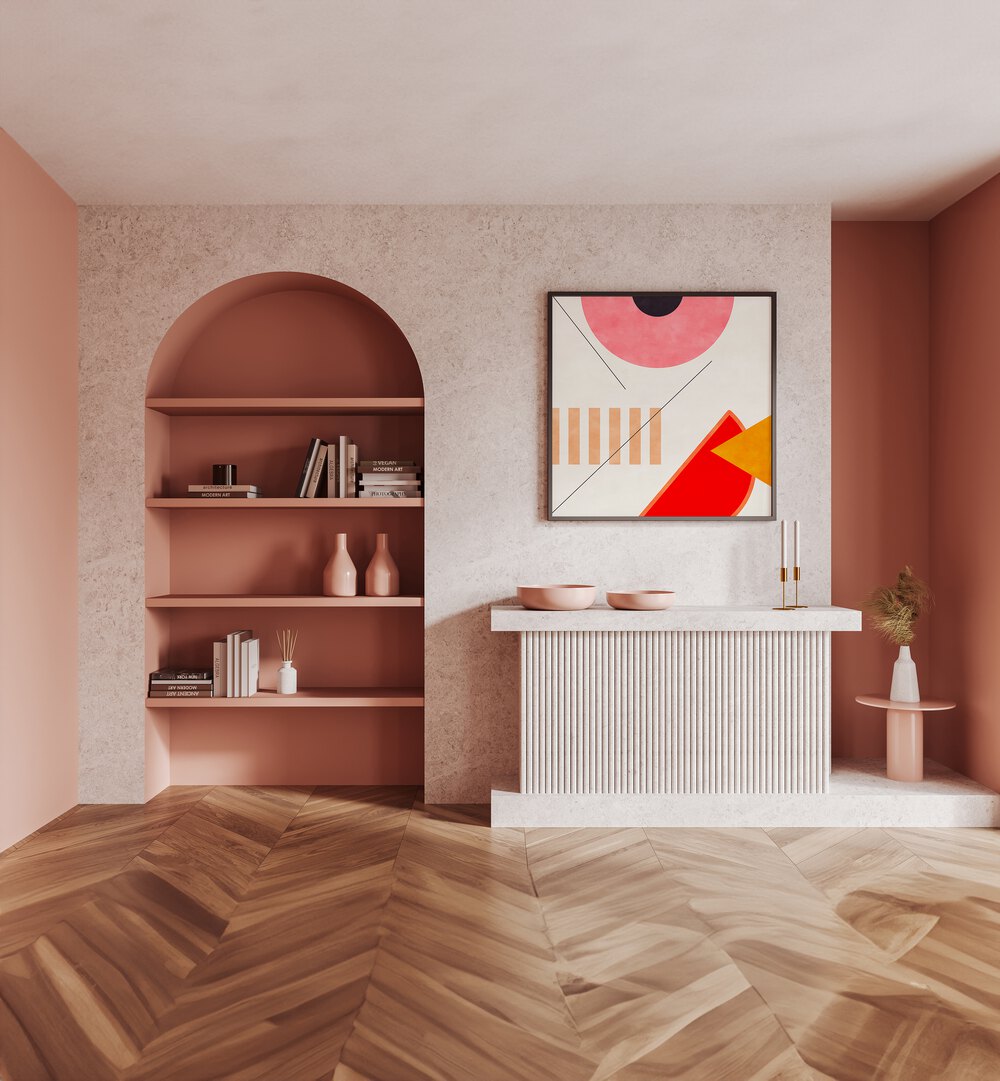 Mid Bauhaus Geometry II By Ana Rut Bre Abstract Art Abstract Paintings in Black Plain Frame placed on a Pink Colored Wall above a Console Table in the Drawing Room