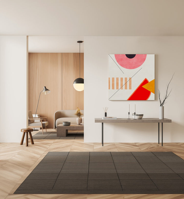 Mid Bauhaus Geometry II By Ana Rut Bre Abstract Art Abstract Paintings in Gallery Wrap placed on a Cream Colored Wall above a Console Table in the Drawing Room