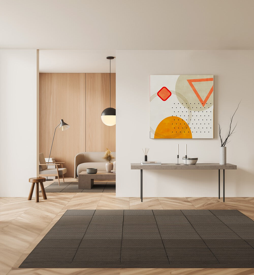 Mid Bauhaus Geometry III By Ana Rut Bre Abstract Art Abstract Paintings in Gallery Wrap placed on a Cream Colored Wall above a Console Table in the Drawing Room