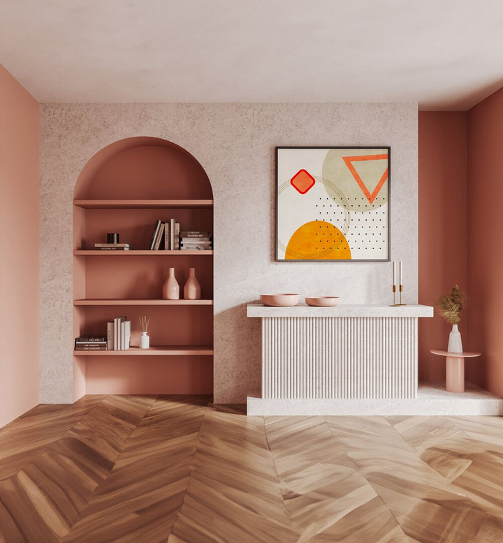 Mid Bauhaus Geometry III By Ana Rut Bre Abstract Art Abstract Paintings in Black Plain Frame placed on a Pink Colored Wall above a Console Table in the Drawing Room