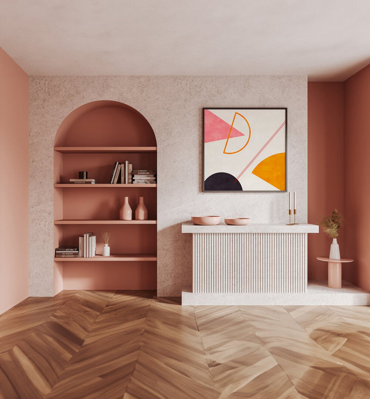 Mid Bauhaus Geometry IV By Ana Rut Bre Abstract Art Abstract Paintings in Black Plain Frame placed on a Pink Colored Wall above a Console Table in the Drawing Room