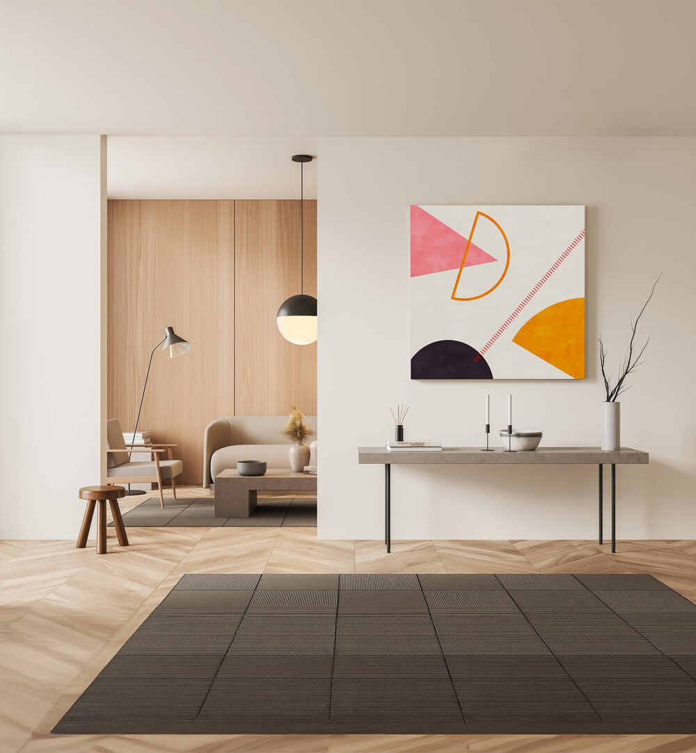 Mid Bauhaus Geometry IV By Ana Rut Bre Abstract Art Abstract Paintings in Gallery Wrap placed on a Cream Colored Wall above a Console Table in the Drawing Room