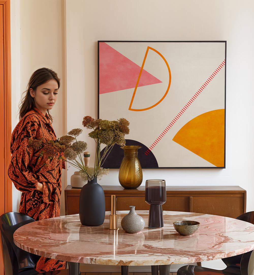 Mid Bauhaus Geometry IV By Ana Rut Bre Abstract Art Abstract Paintings in Black Plain Frame placed on a Cream Colored Wall near a Dining Table in the Dining Room 