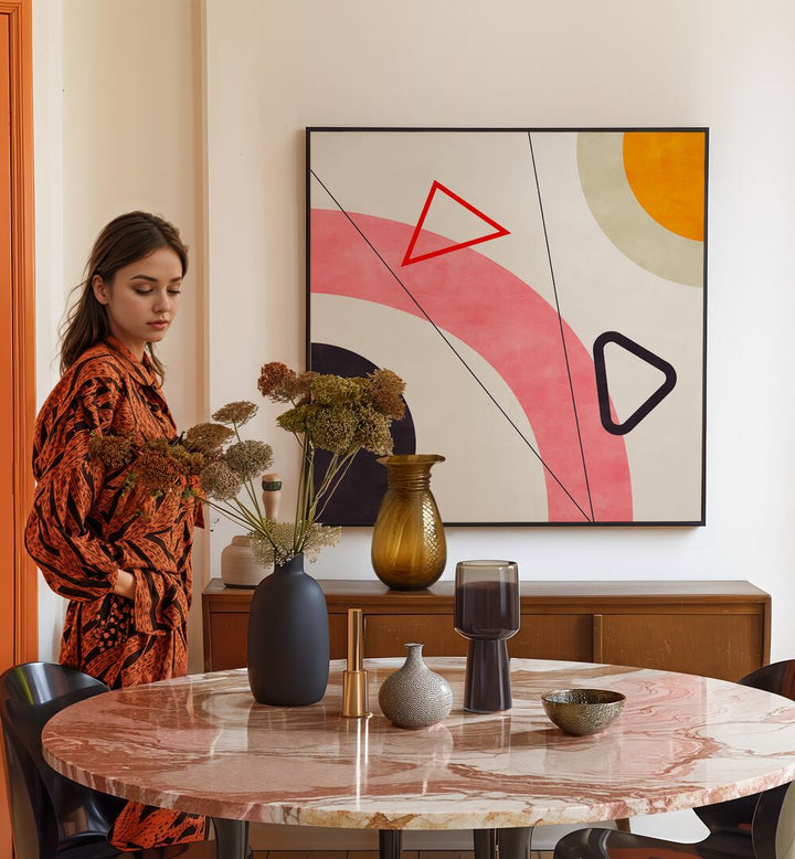 Mid Bauhaus Geometry V By Ana Rut Bre Abstract Art Abstract Paintings in Black Plain Frame placed on a Cream Colored Wall near a Dining Table in the Dining Room 