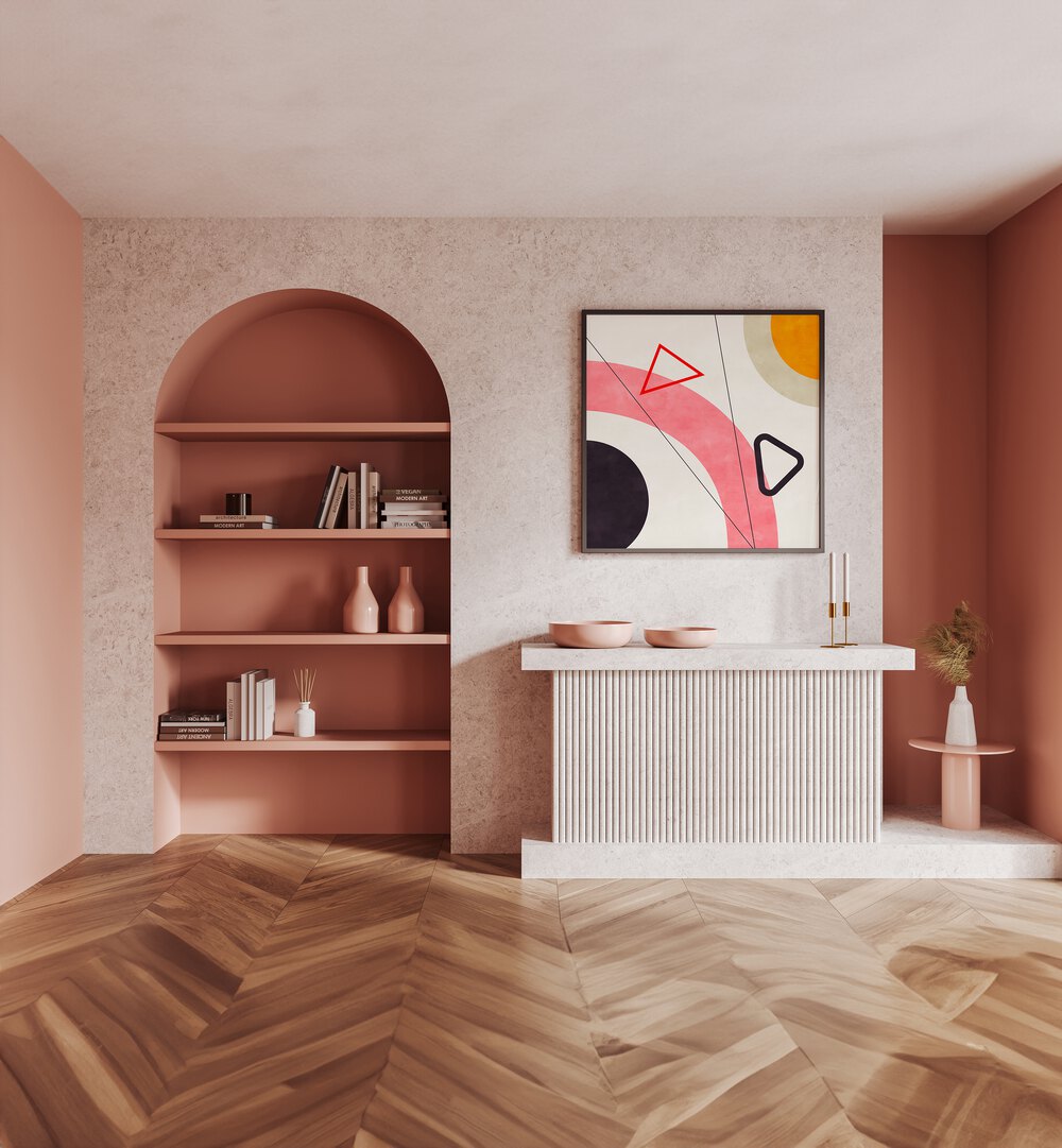 Mid Bauhaus Geometry V By Ana Rut Bre Abstract Art Abstract Paintings in Black Plain Frame placed on a Pink Colored Wall