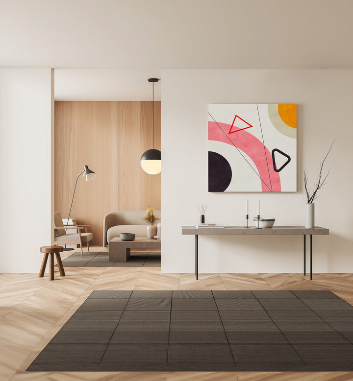 Mid Bauhaus Geometry V By Ana Rut Bre Abstract Art Abstract Paintings in Gallery Wrap placed on a Cream Colored Wall above a Console Table in the Drawing Room