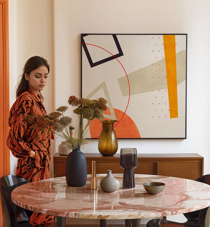 Mid Bauhaus Geometry VI By Ana Rut Bre Abstract Art Abstract Paintings in Black Plain Frame placed on a Cream Colored Wall near a Dining Table in the Dining Room 