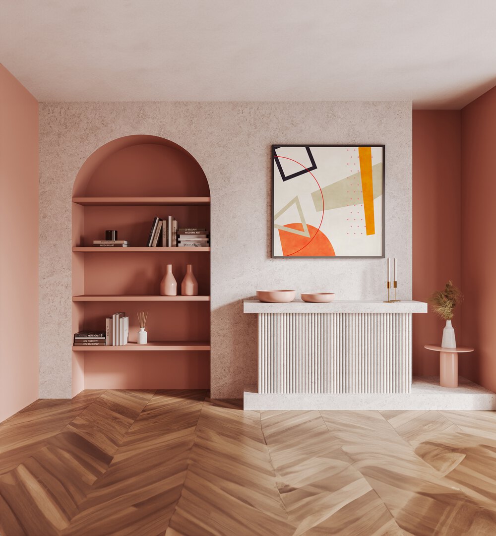 Mid Bauhaus Geometry VI By Ana Rut Bre Abstract Art Abstract Paintings in Black Plain Frame placed on a Pink Colored Wall above a Console Table in the Drawing Room