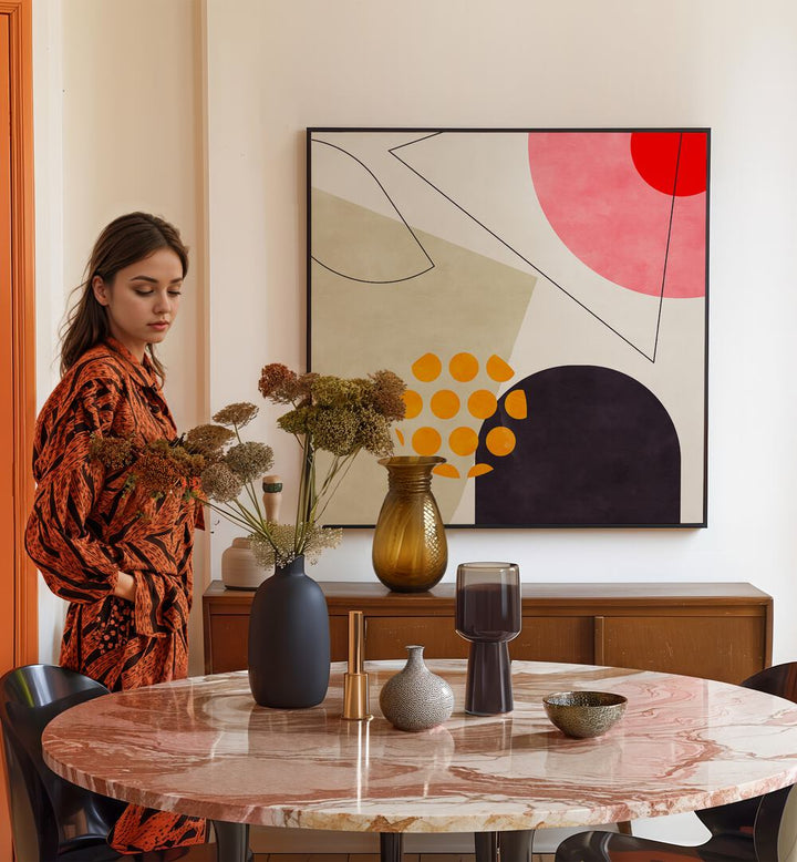 Mid Bauhaus Geometry VIII By Ana Rut Bre Abstract Art Abstract Paintings in Black Plain Frame placed on a Cream Colored Wall near a Dining Table in the Dining Room 