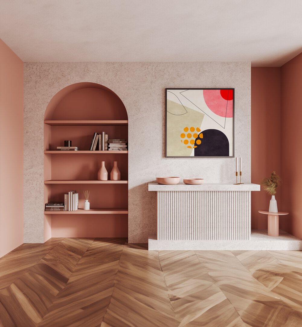 Mid Bauhaus Geometry VIII By Ana Rut Bre Abstract Art Abstract Paintings in Black Plain Frame placed on a Pink Colored Wall above a Console Table in the Drawing Room