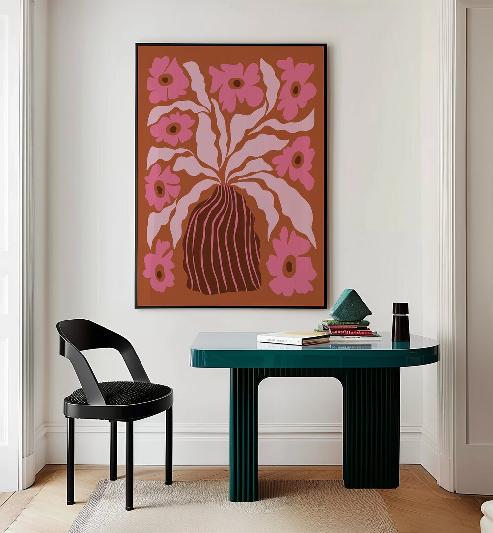 Mid-Century Blooming Pot By Miho Art Studio Botanical Art Prints Floral Paintings in Black Plain Frame placed on a Cream Colored Wall near a Table in a Workspace in the Drawing Room