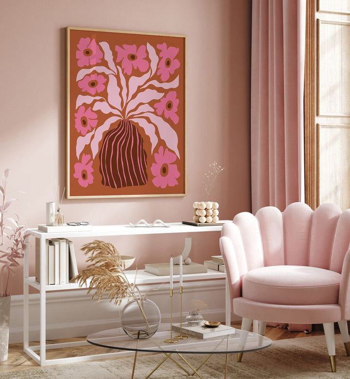 Mid-Century Blooming Pot By Miho Art Studio Botanical Art Prints Floral Paintings in Oak Wood Plain Frame placed on a Pink Colored Wall above a Console Table in the Drawing Room