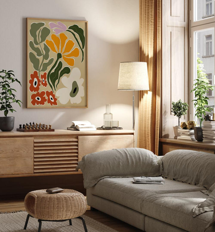 Mid Century Bloomscape By Miho Art Studio Botanical Art Prints Floral Paintings in Oak Wood Plain Frame placed on a Cream Colored Wall above a Console Table near a Beige Sofa in the Living Room