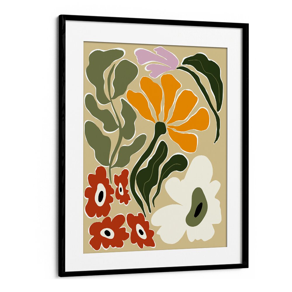 Mid Century Bloomscape by Miho Art Studio Botanical Art Prints Floral Paintings in Black Frame With Mount