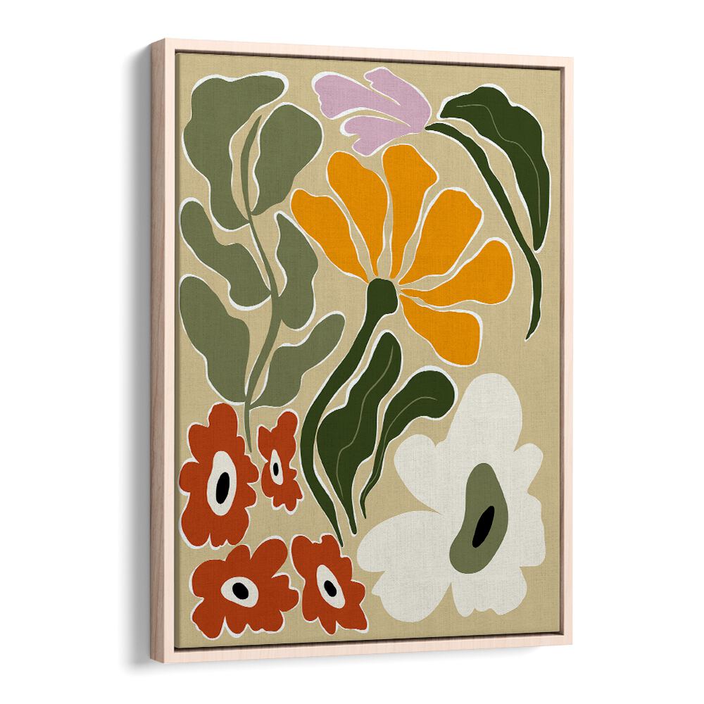 Mid Century Bloomscape by Miho Art Studio Botanical Art Prints Floral Paintings in Oak Wood Floater Frame