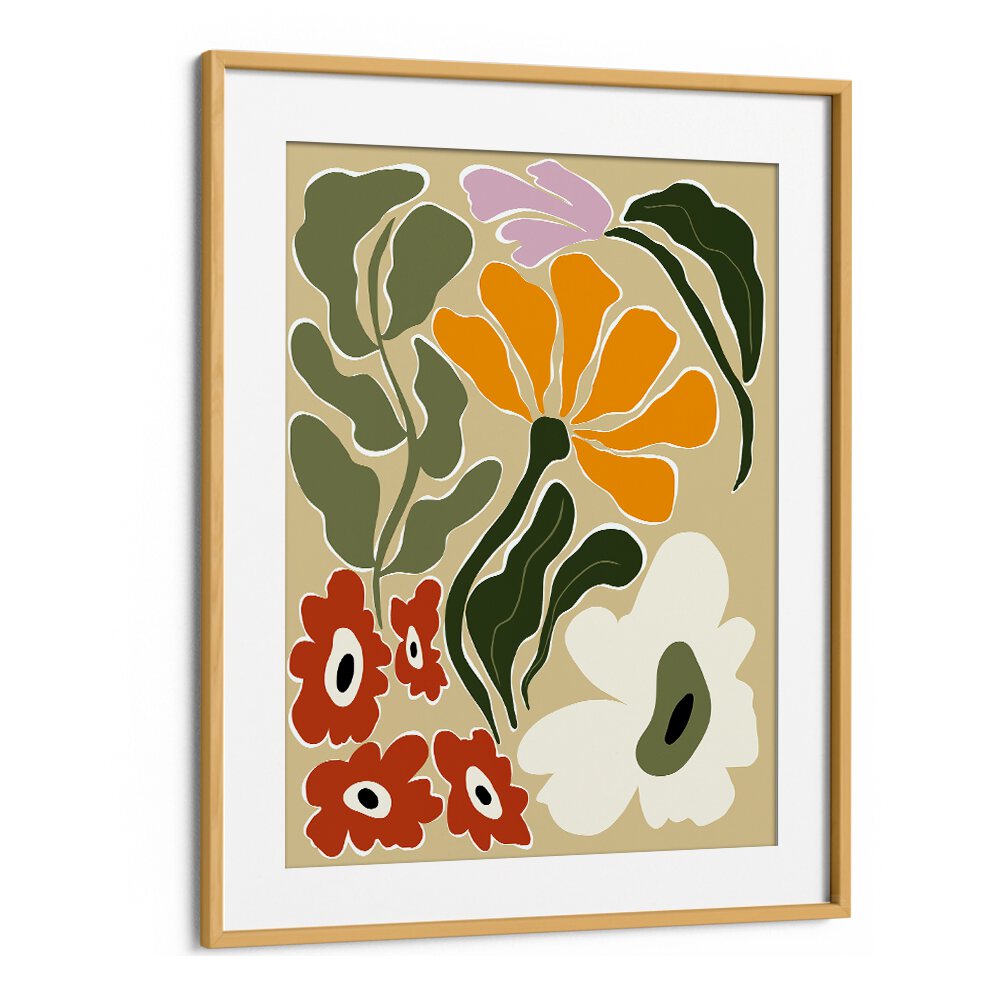 Mid Century Bloomscape by Miho Art Studio Botanical Art Prints Floral Paintings in Oak Wood Frame With Mount