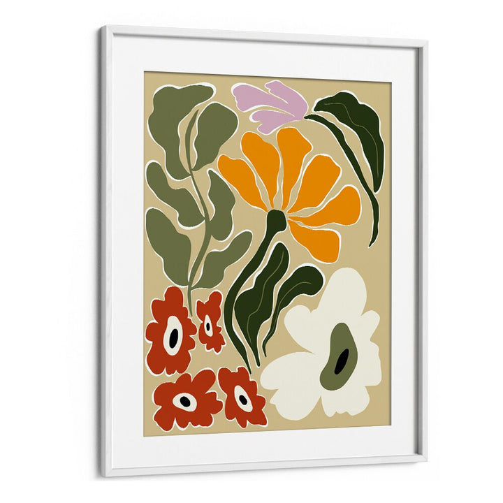 Mid Century Bloomscape by Miho Art Studio Botanical Art Prints Floral Paintings in White Frame With Mount