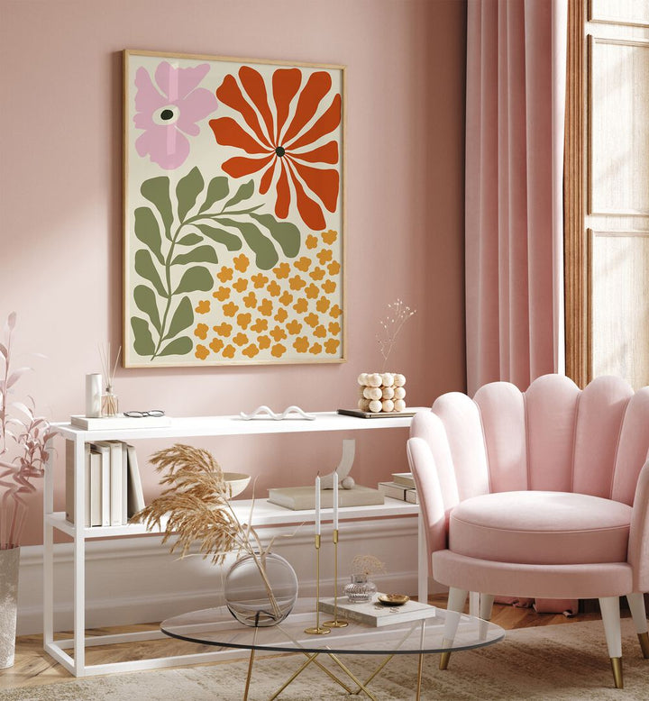 Mid-Century Blossom By Miho Art Studio Botanical Art Prints Floral Paintings in Oak Wood Plain Frame placed on a Pink Colored Wall above a Console Table in the Drawing Room