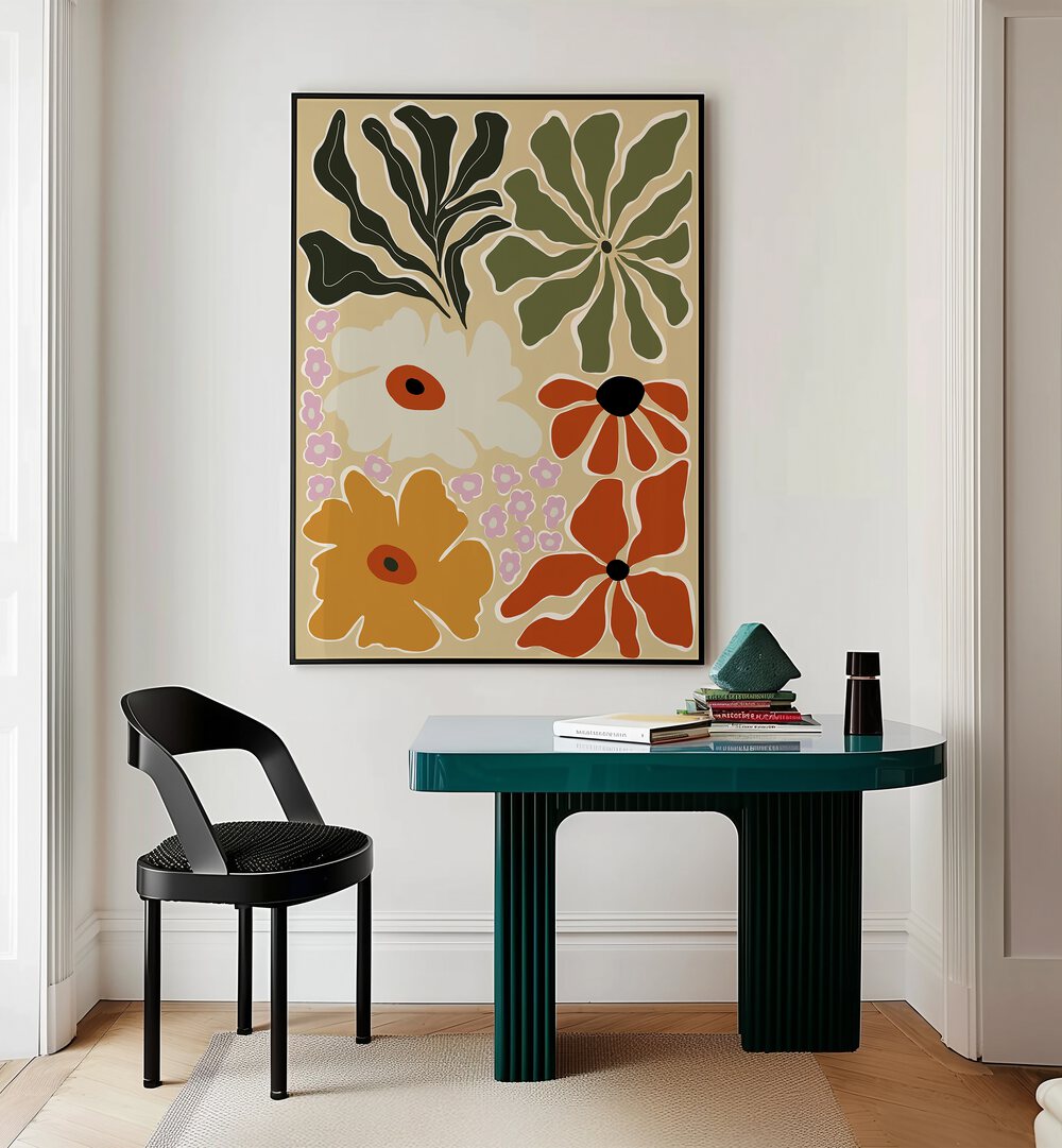 Mid-Century Bouquet By Miho Art Studio Botanical Art Prints Floral Paintings in Black Plain Frame placed on a Cream Colored Wall near a Table in a Workspace in the Drawing Room