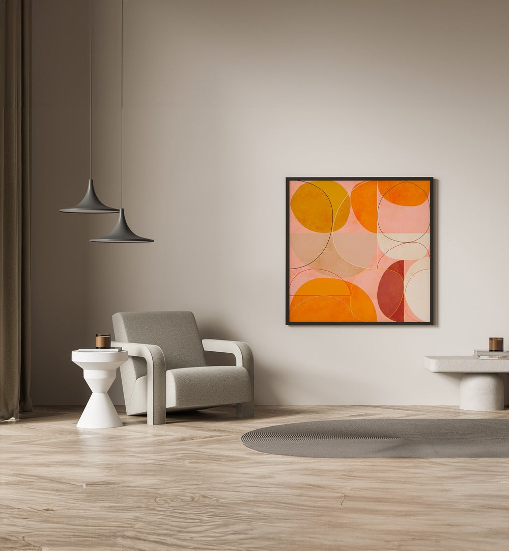 Mid Century Curry Yellow Blush Spring I By Ana Rut Bre Abstract Art Abstract Paintings in Black Plain Frame placed on a Beige Colored Wall in the Drawing Room