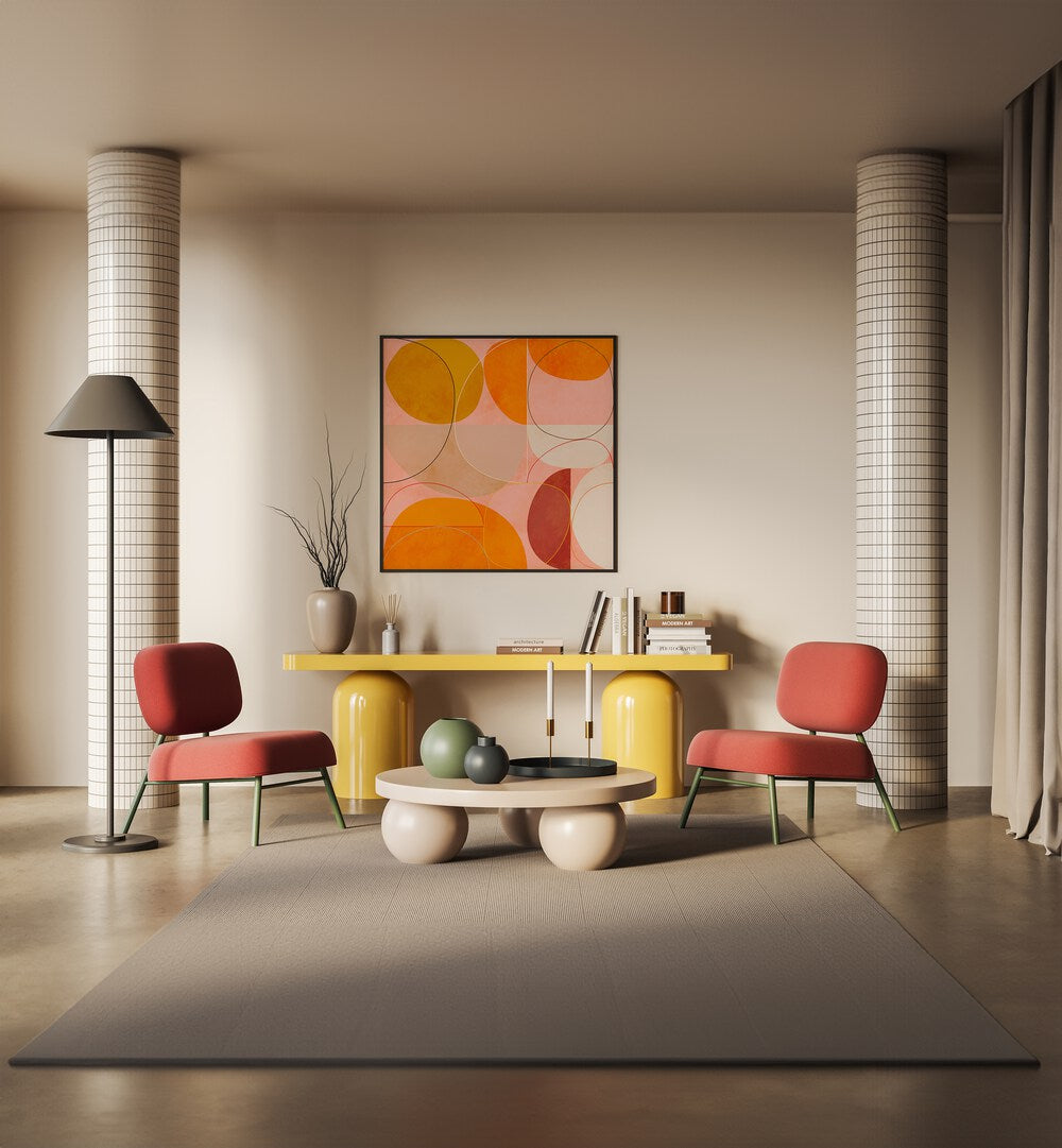 Mid Century Curry Yellow Blush Spring I By Ana Rut Bre Abstract Art Abstract Paintings in Black Plain Frame placed on a Beige Colored Wall near a Colourful  Workspace in the Drawing Room