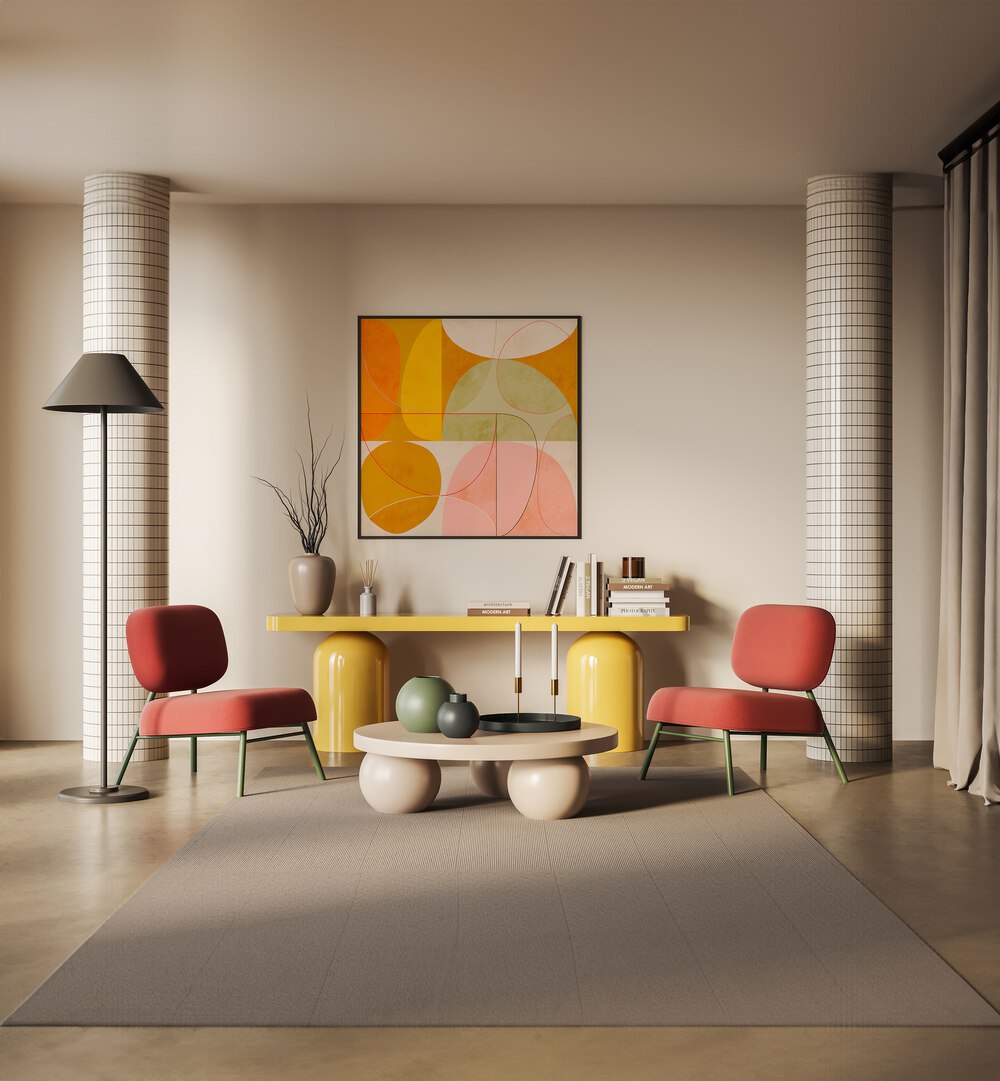 Mid Century Curry Yellow Blush Spring Ii By Ana Rut Bre Pop Art Paintings Pop Art Prints in Black Plain Frame placed on a wall behind a table