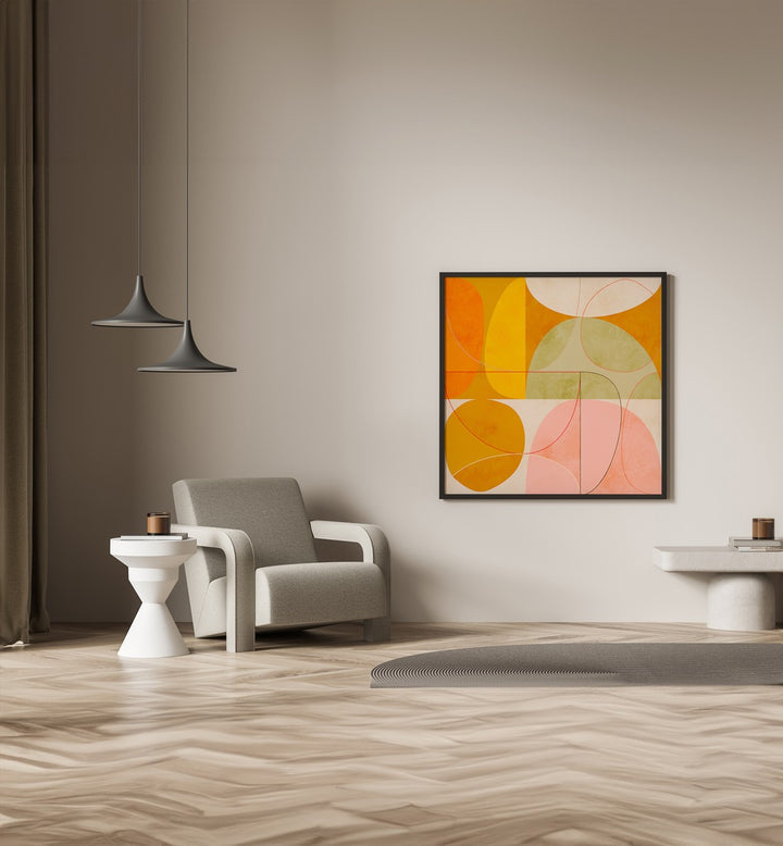 Mid Century Curry Yellow Blush Spring Ii By Ana Rut Bre Pop Art Paintings Pop Art Prints in Black Plain Frame placed on a wall beside a chair