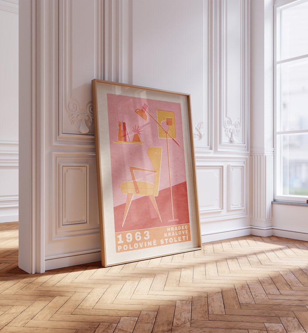 Mid Century Czech Furniture By Julia Leister Women Illustration Paintings in Oak Wood Plain Frame placed on a wooden floor beside a window