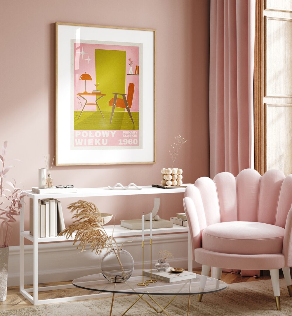 Mid Century Furniture By Julia Leister Wall Art Prints in Oak Wood Frame With Mount on a pink wall placed behind a table