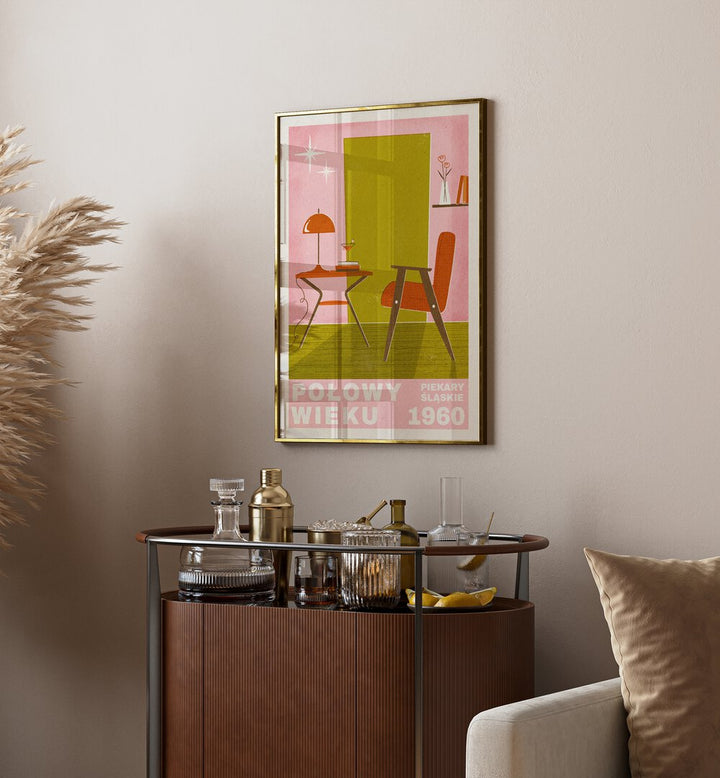 Mid Century Furniture By Julia Leister Wall Art Prints in Gold Plain Frame on a wall placed behind a table next to a sofa