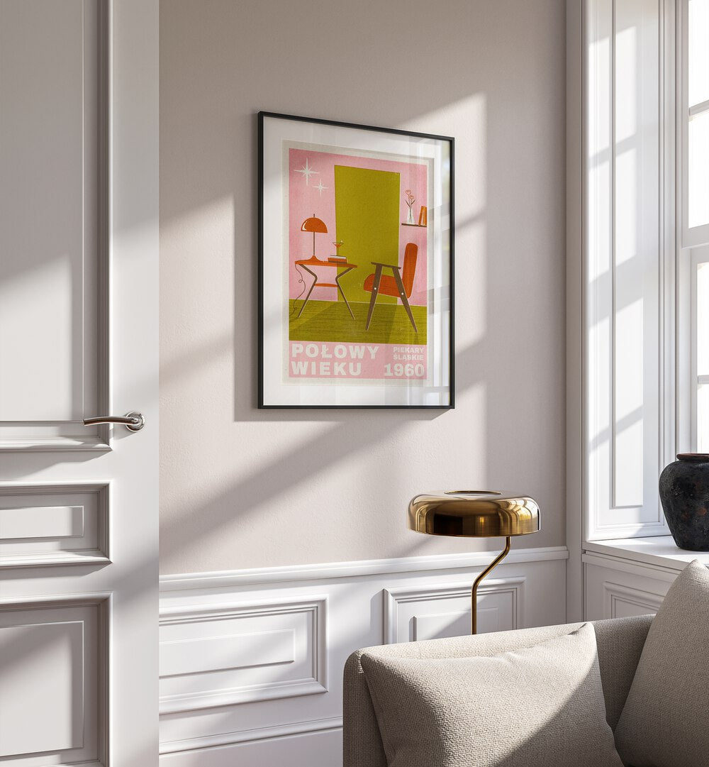 Mid Century Furniture By Julia Leister Wall Art Prints in Black Frame With Mount on a wall placed beside a window