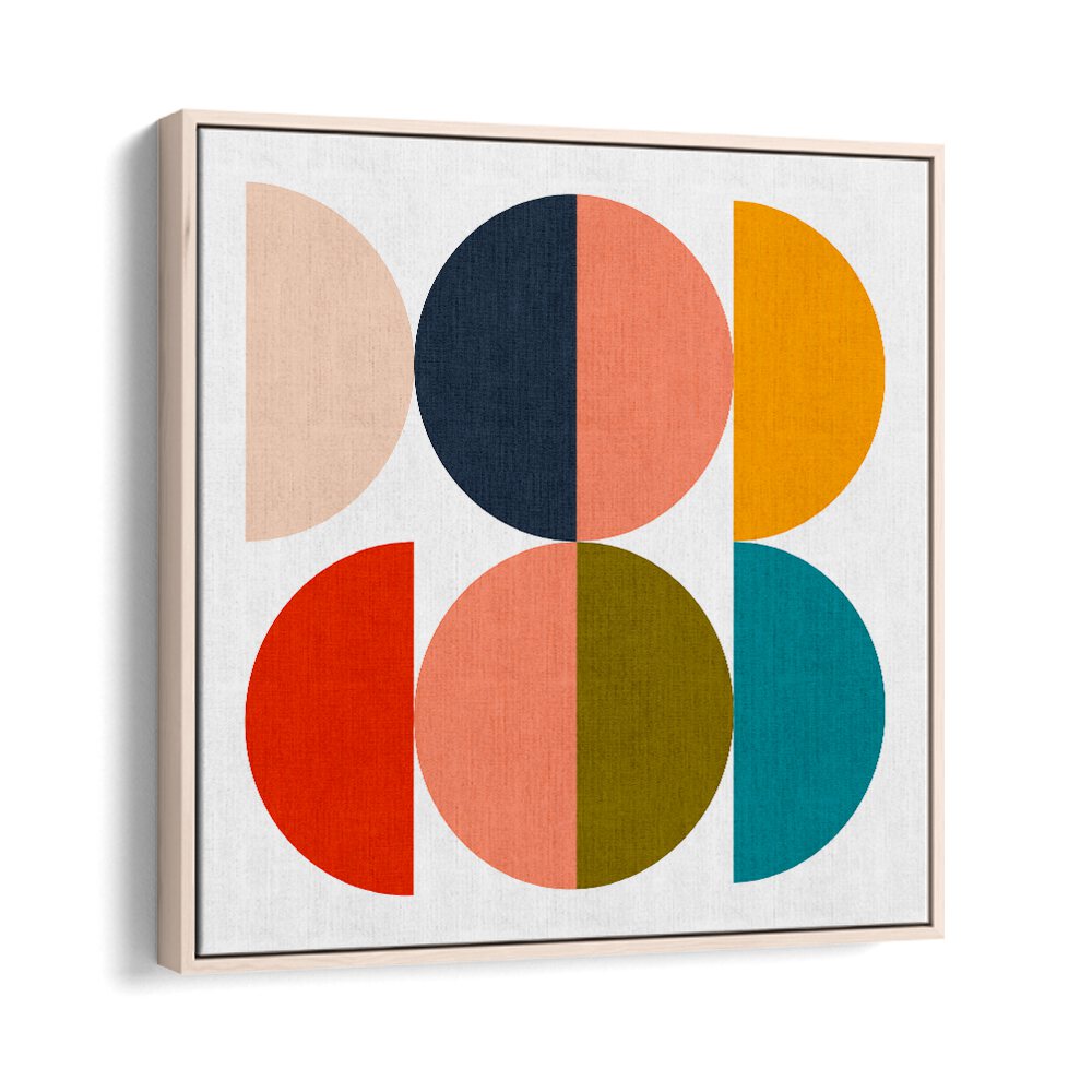 Vibrant GEOMETRIC COLOR PLAY I art print enhances decor with a stylish blend of shapes and colors in oak frame.