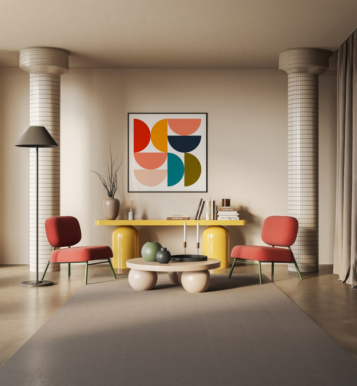 Mid Century Geometric Color Play IV By Ana Rut Bre Abstract Art Abstract Paintings in Black Plain Frame placed on a Beige Colored Wall near a Workspace in the Drawing Room