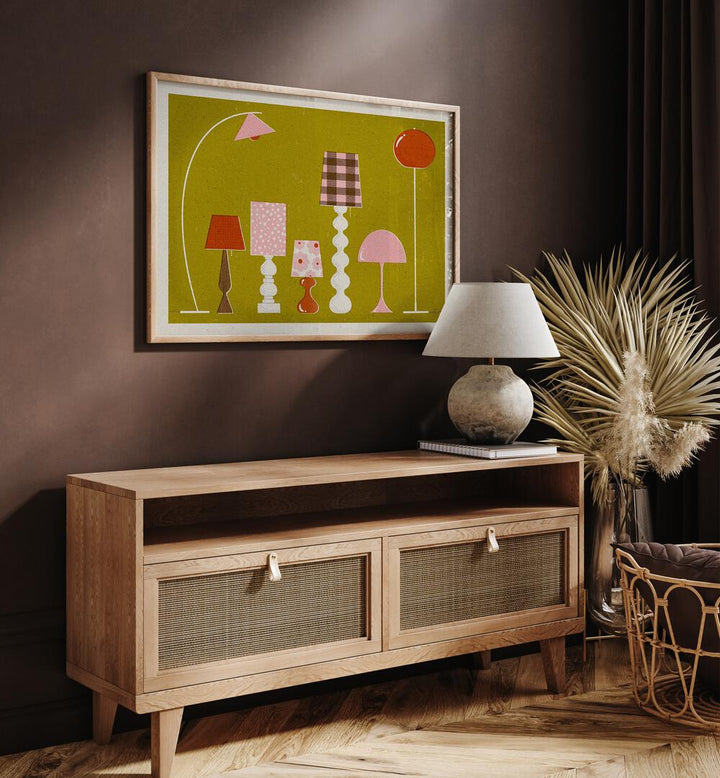 Mid Century Modern Lamps By Julia Leister Wall Art Prints in Oak Wood Plain Frame on a wall placed behind a console table