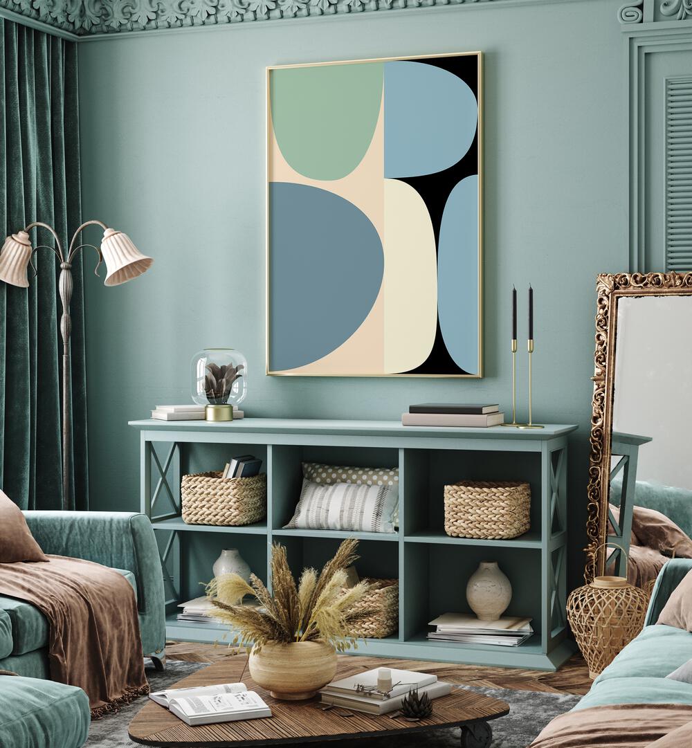 Mid Century Pastel Xvii By Ana Rut Bre Abstract Art Abstract Wall Art in White Plain Frame placed on a wall behind a table