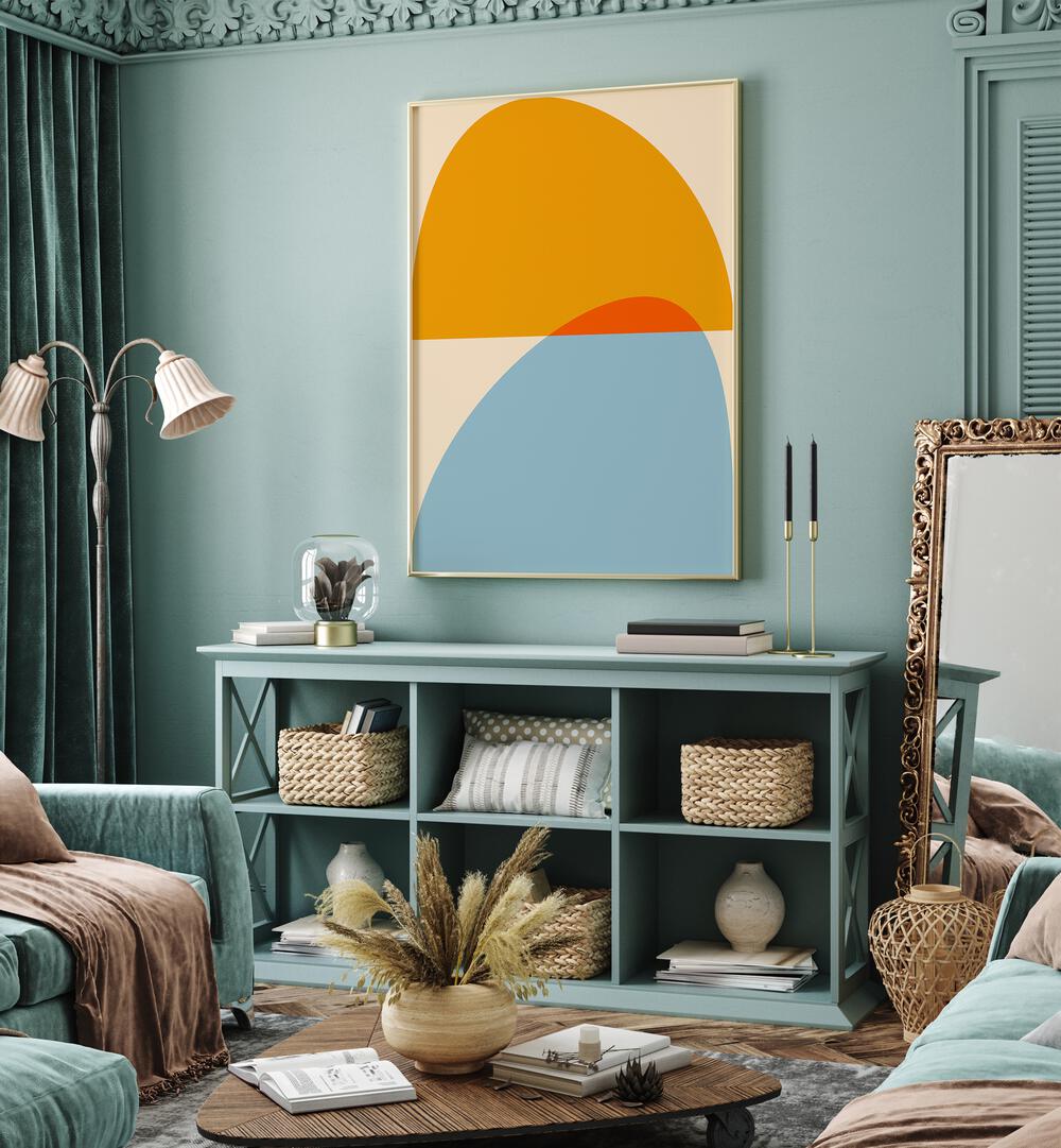 Mid Century Pastel Xviii By Ana Rut Bre Abstract Art Abstract Wall Art in White Plain Frame placed on a wall behind a table