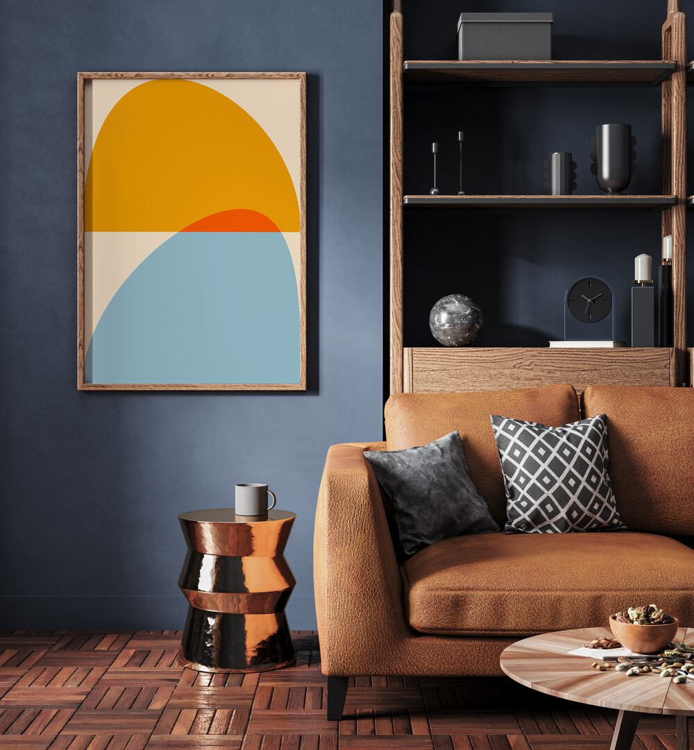 Mid Century Pastel Xviii By Ana Rut Bre Abstract Art Abstract Wall Art in Oak Wood Plain Frame placed on a wall beside a sofa