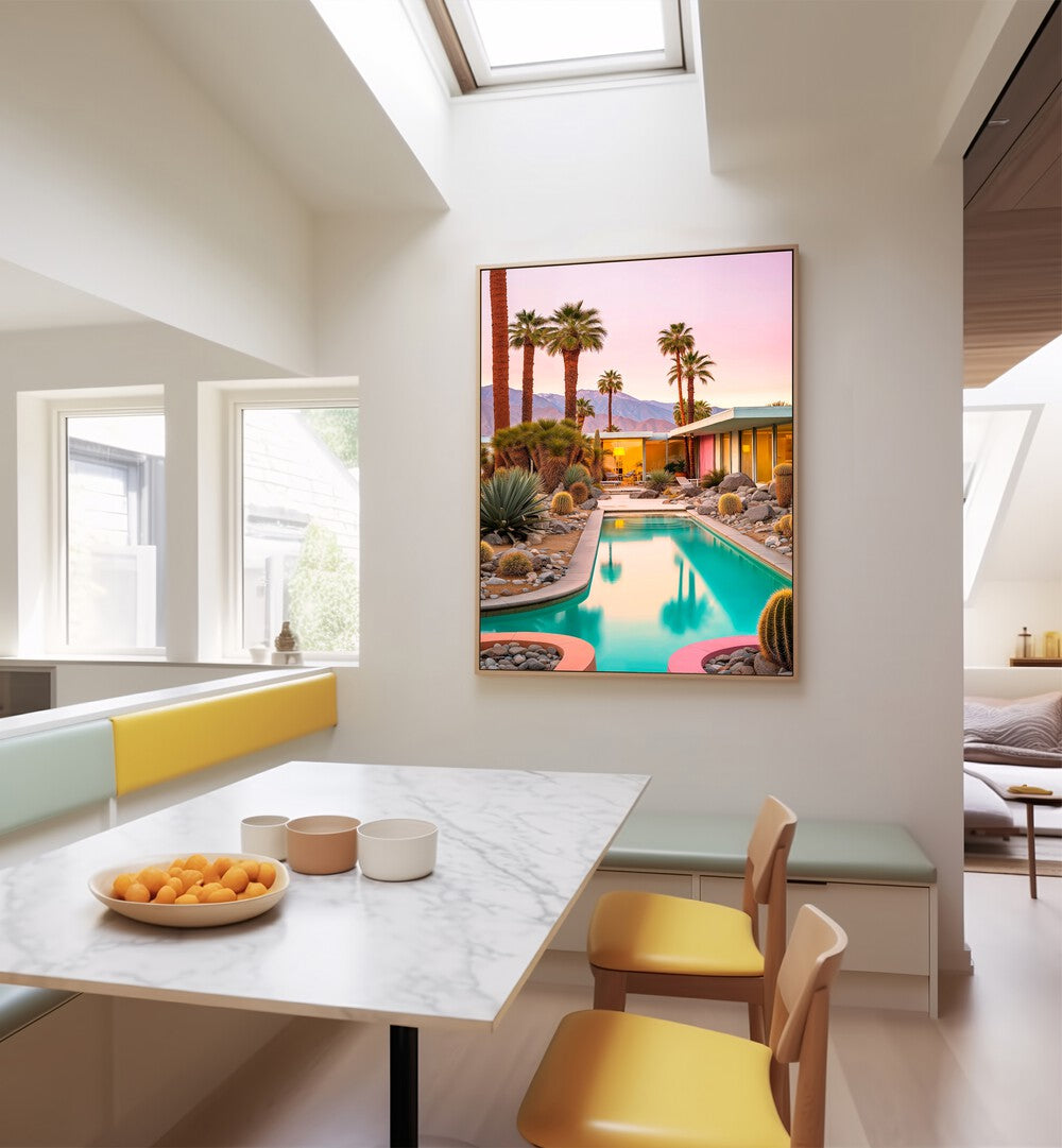 Transform your space with MID-CENTURY MAGIC, BEACH PAINTINGS featuring vibrant poolside serenity by Philippe Hugonnard.
