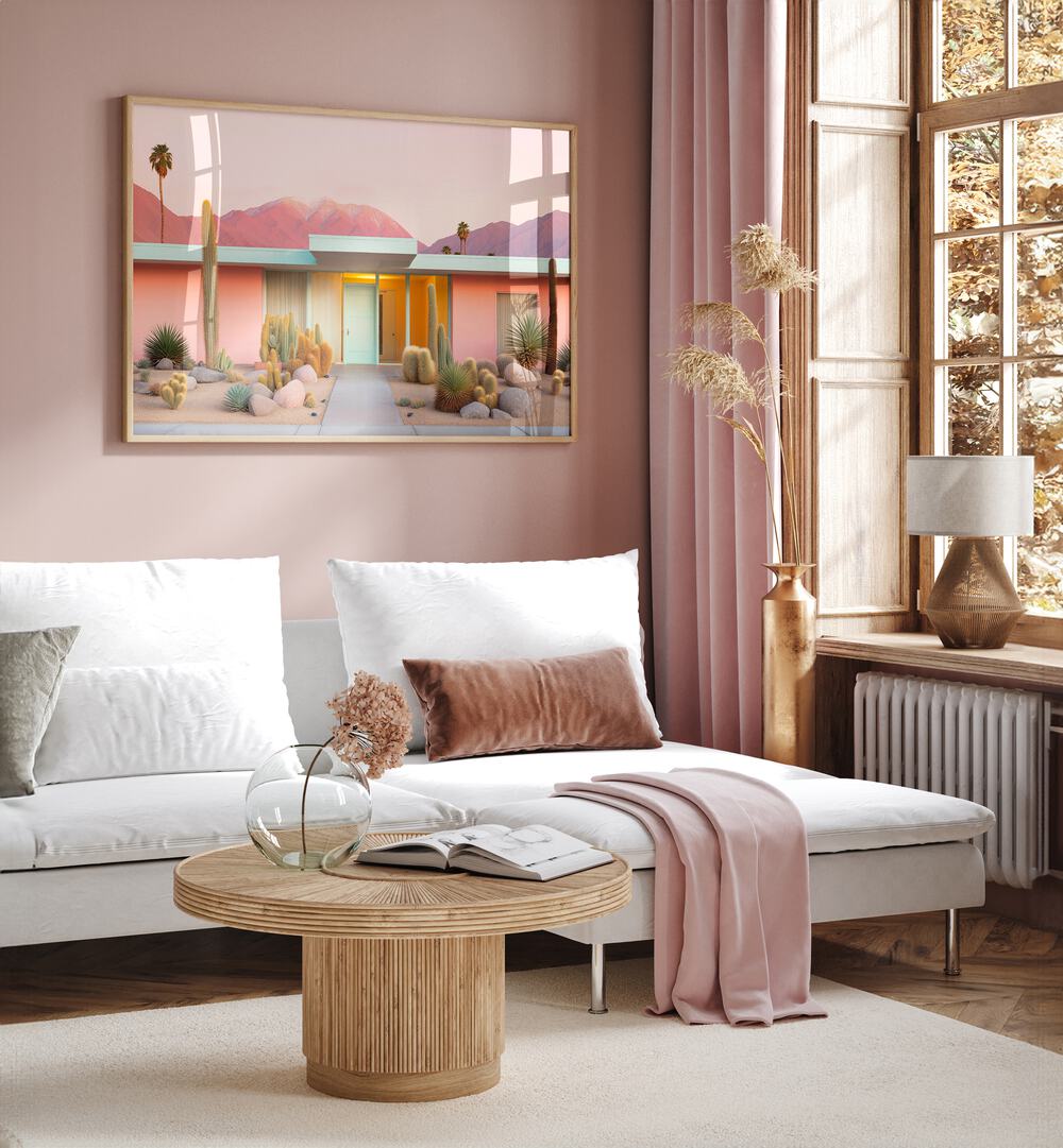 Beautiful living room showcasing MID-CENTURY MOODS, BEACH PAINTINGS, enhancing elegance and nostalgia in design.