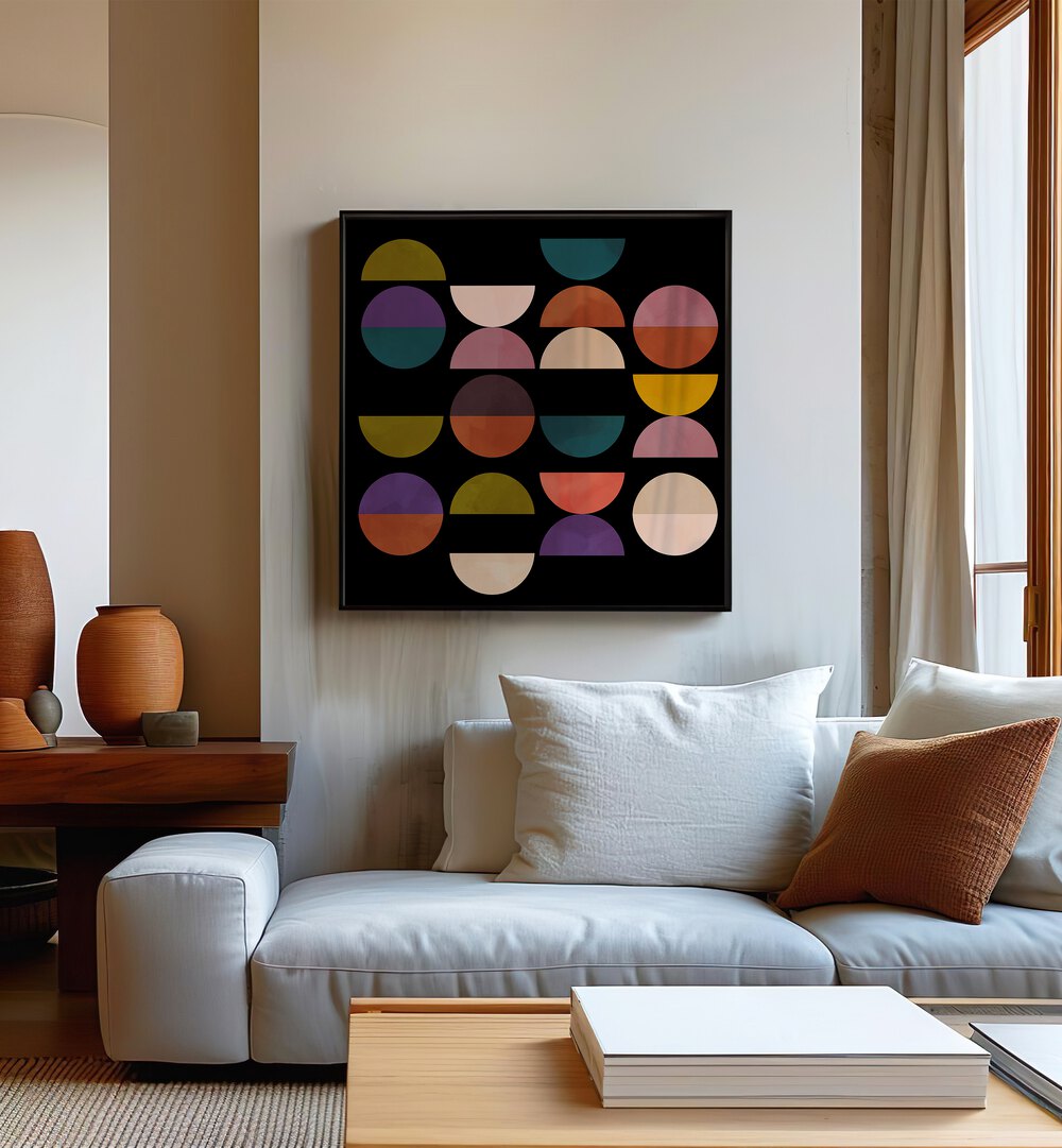 Mid Circles Terracotta Black I By Ana Rut Bre Abstract Art Abstract Paintings in Black Plain Frame  placed on a Cream Colored Wall near a  Sofa in the Living Room