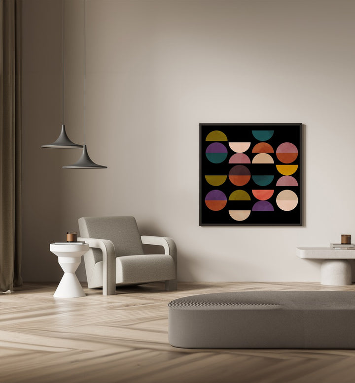 Mid Circles Terracotta Black I By Ana Rut Bre Abstract Art Abstract Paintings in Black Plain Frame placed on a Cream Colored Wall in the Drawing Room