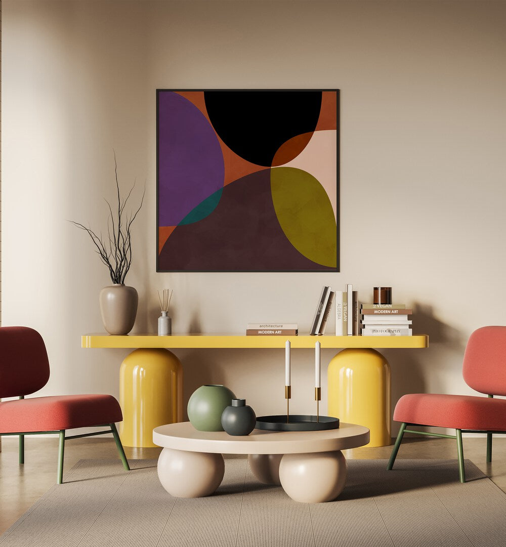 Mid Circles Terracotta Black II By Ana Rut Bre Abstract Art Abstract Paintings in Black Plain Frame placed on a Cream Colored Wall near a Colourful Workspace in the Drawing Room