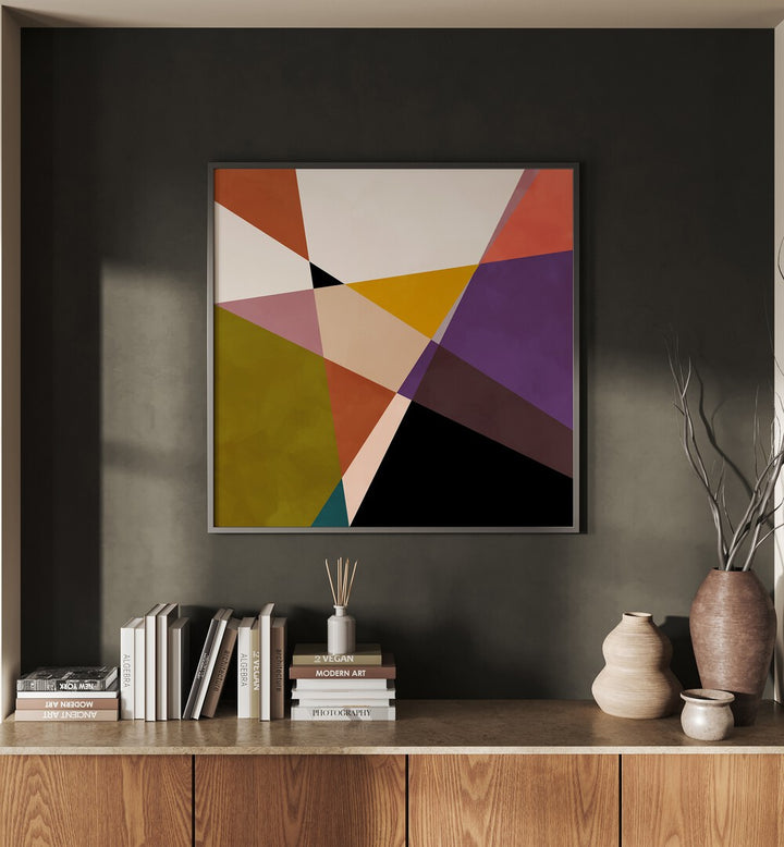 Mid Circles Terracotta Black III By Ana Rut Bre Abstract Art Abstract Paintings in Black Plain Frame placed on a Dark Grey Colored Wall above a Console Table in the Drawing Room