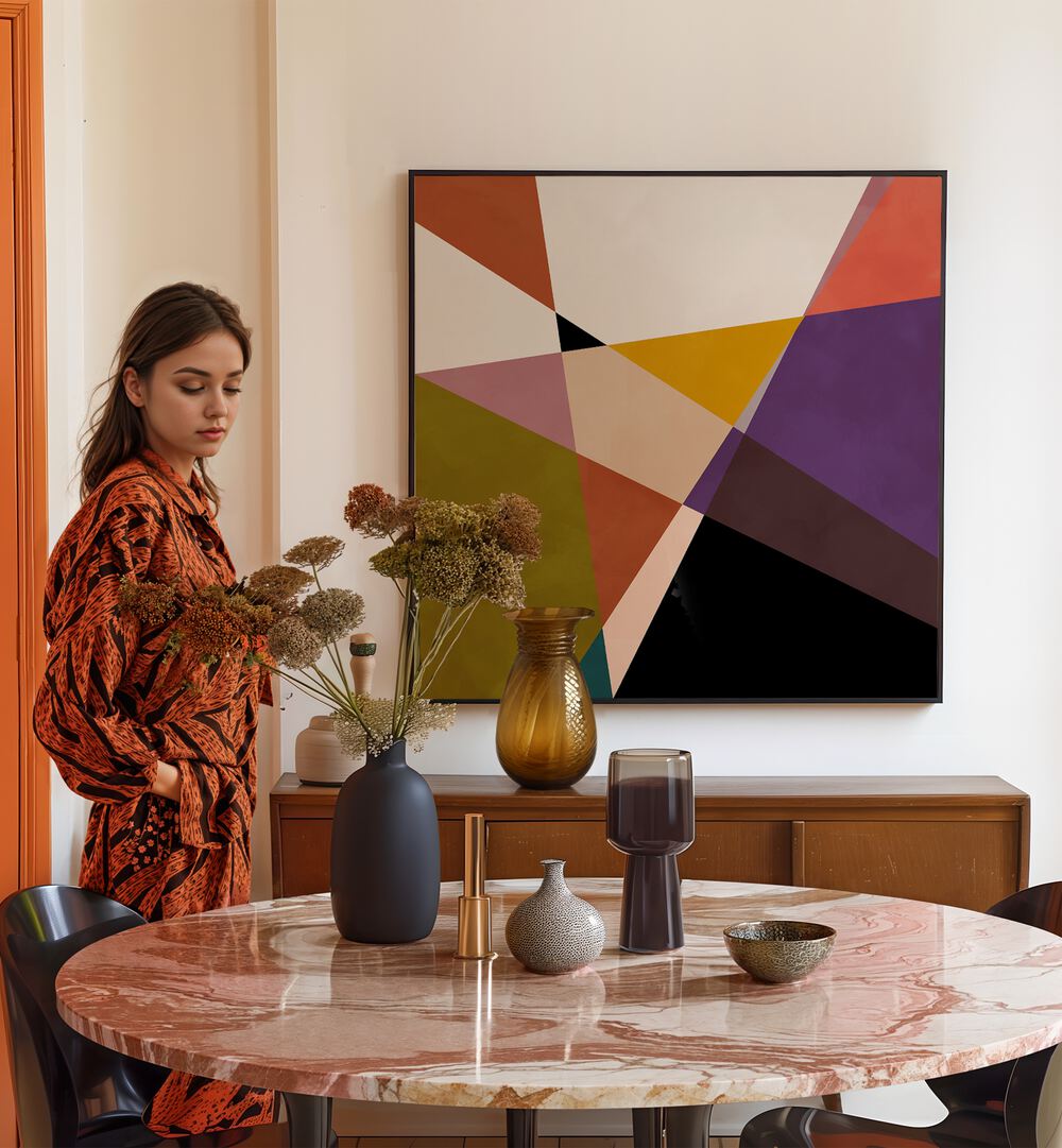 Mid Circles Terracotta Black III By Ana Rut Bre Abstract Art Abstract Paintings in Black Plain Frame placed on a Cream Colored Wall near a Dining Table in the Dining Room