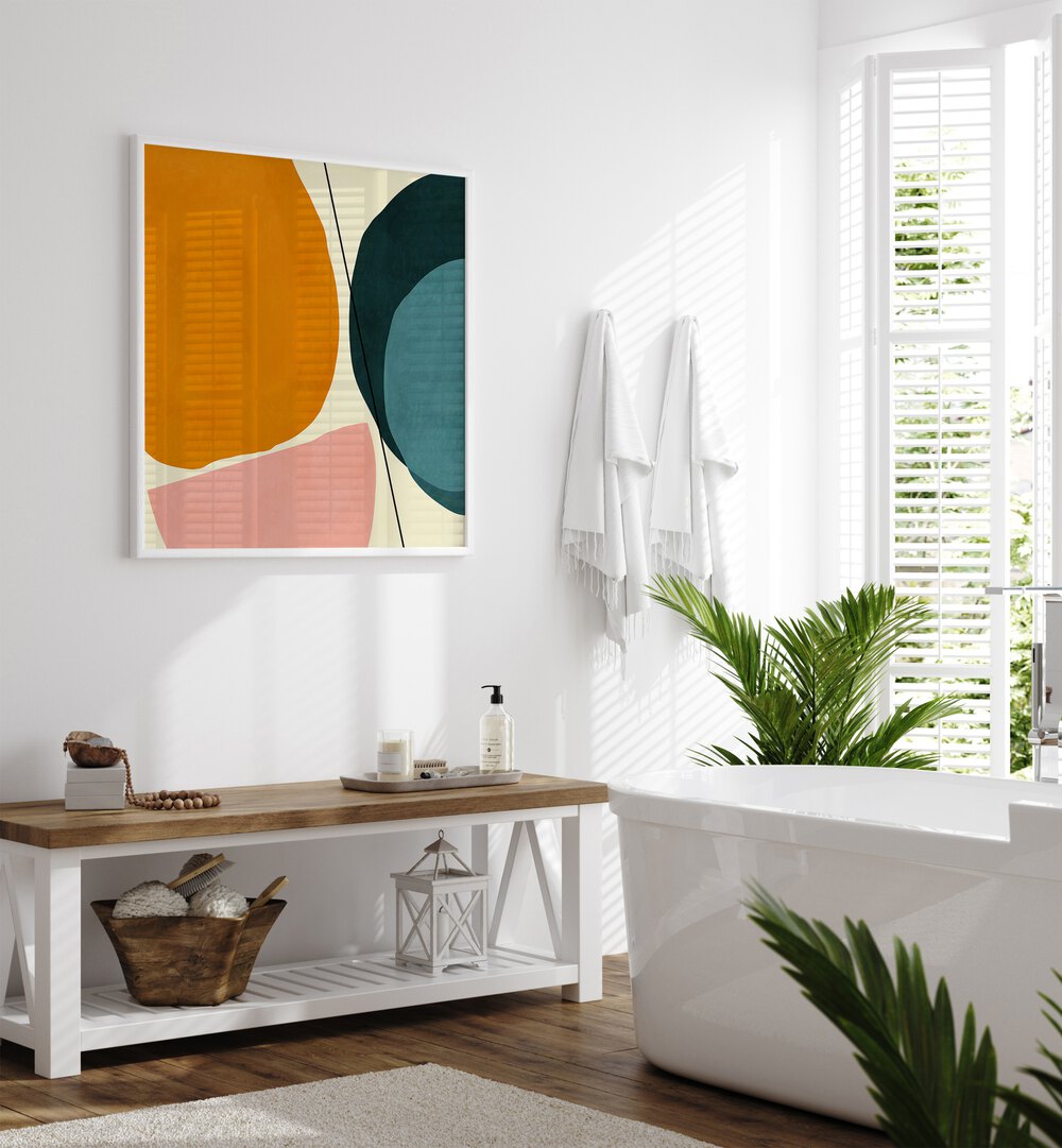 Mid Painted Kopie I By Ana Rut Bre Abstract Art Abstract Paintings in White Plain Frame placed on a White Colored Wall near a Bathtub in the Bathroom