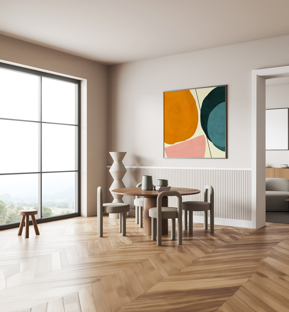 Mid Painted Kopie I By Ana Rut Bre Abstract Art Abstract Paintings in Black Plain Frame placed on a Cream Colored Wall near a Dining Table in the Dining Room