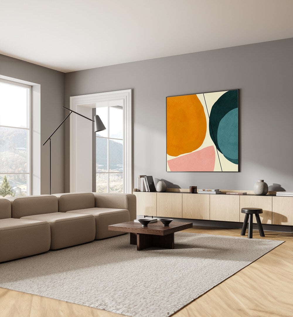 Mid Painted Kopie I By Ana Rut Bre Abstract Art Abstract Paintings in Black Plain Frame placed on a Grey Colored Wall above a Console Table near a Sofa in the Living Room