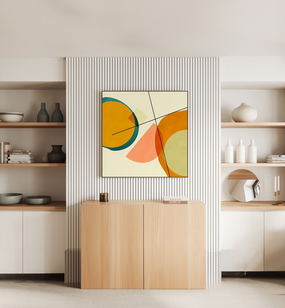 Mid Painted Kopie III By Ana Rut Bre Abstract Art Abstract Paintings in Black Plain Frame placed on a White Colored Wall above a Console Table in the Living Room